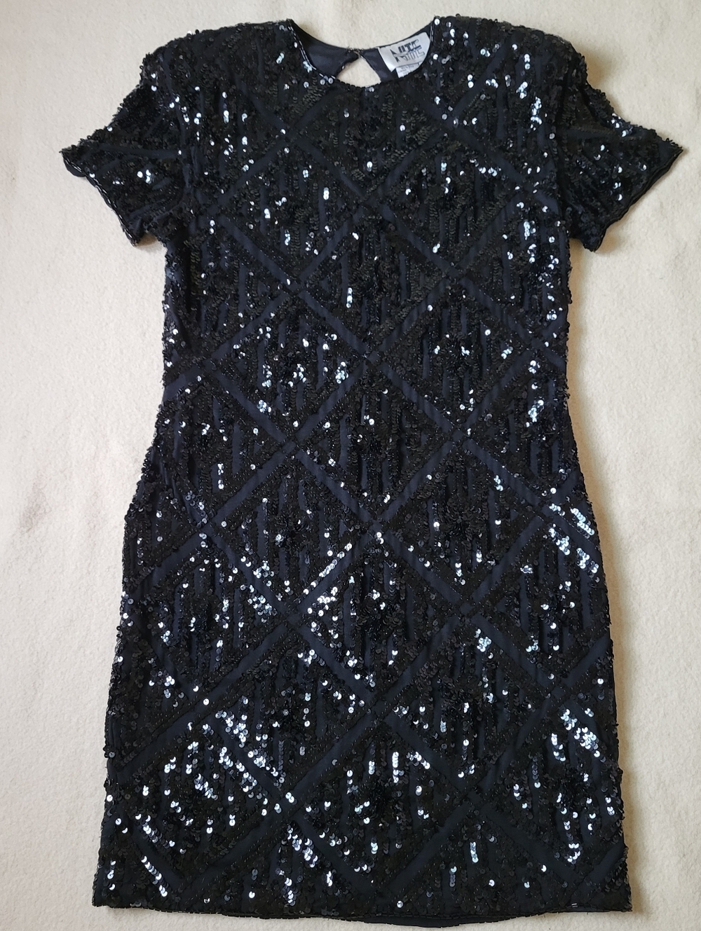 Vintage 90s Black Sequin Dress Women's Size 10 Silk Short Sleeve Sheath